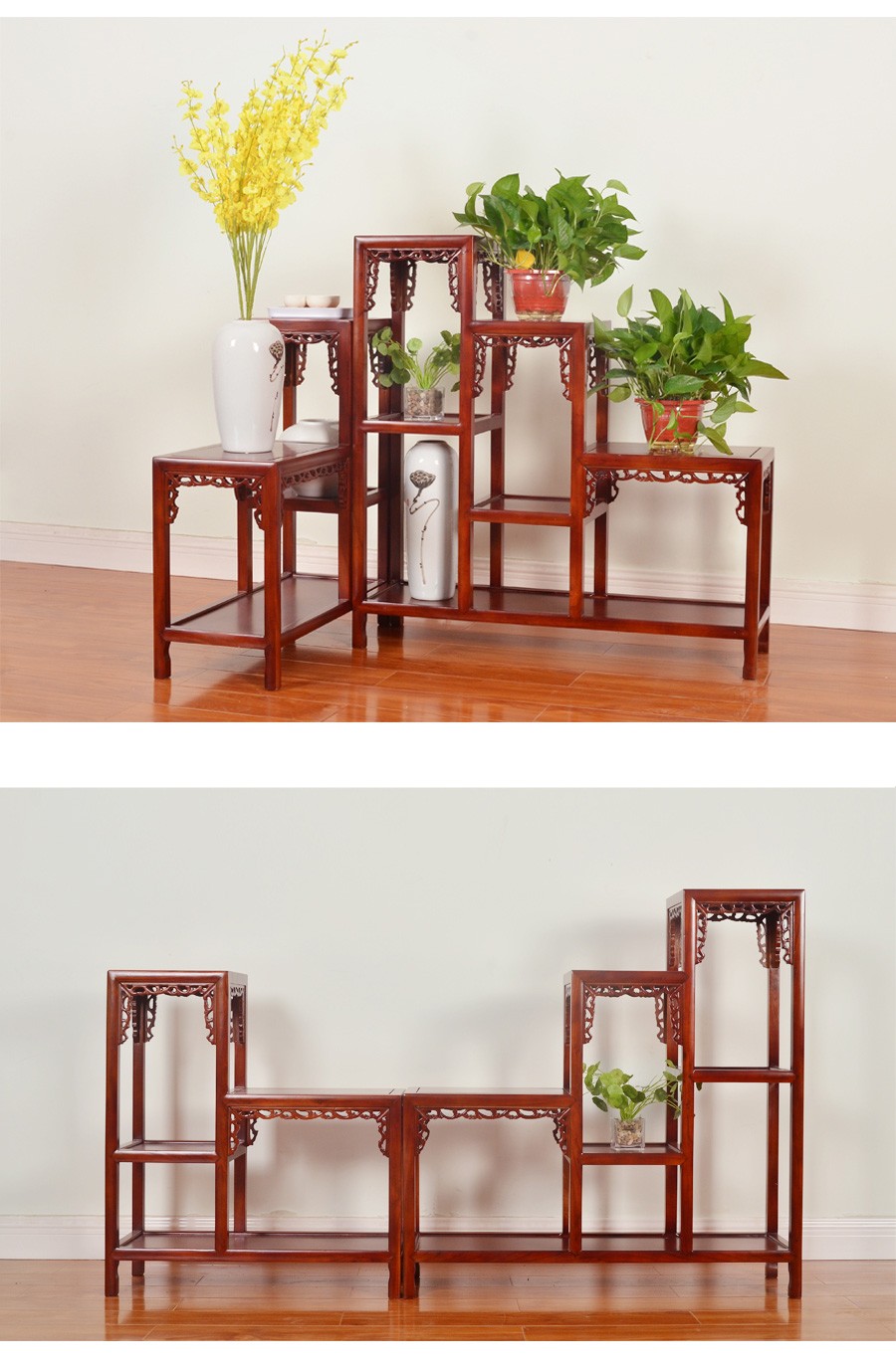旺臣 多层中式实木花架客厅高低榆木室内奇石盆景鱼缸古董架工艺品