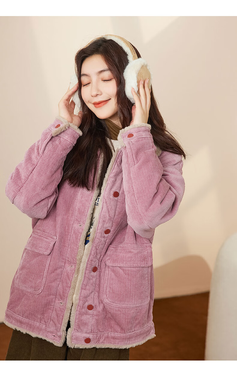 7m粉色棉服外套灯芯绒上衣女2022冬新款加绒加厚加毛棉衣保暖宽松 灰