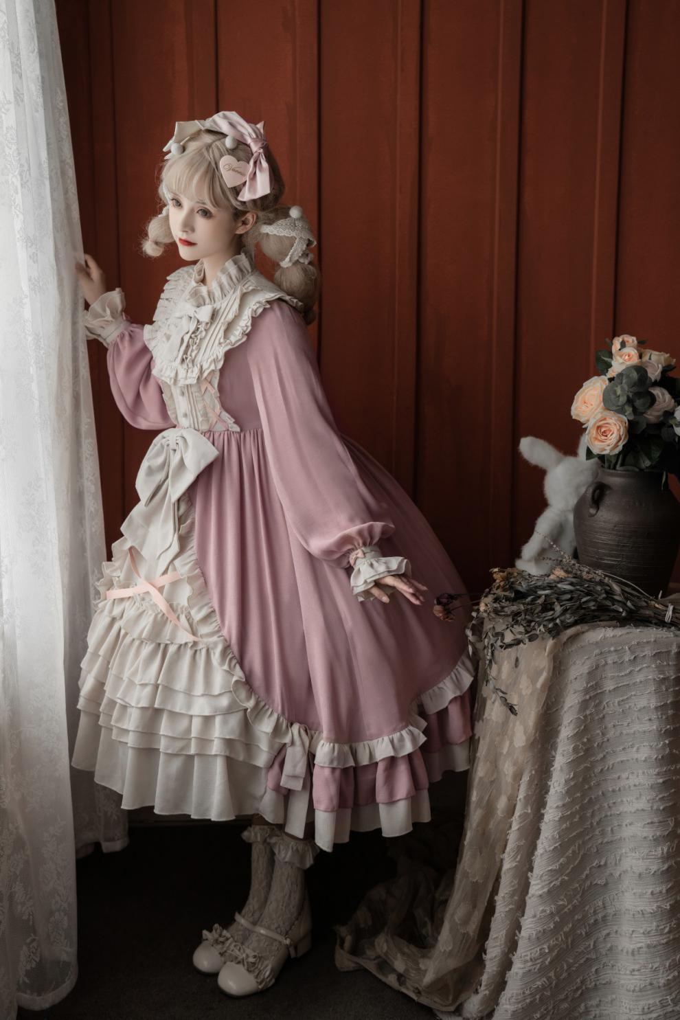 原创天鹅之幕lolita优雅cla系长袖op连衣裙纯色复古洛丽塔秋冬绀色