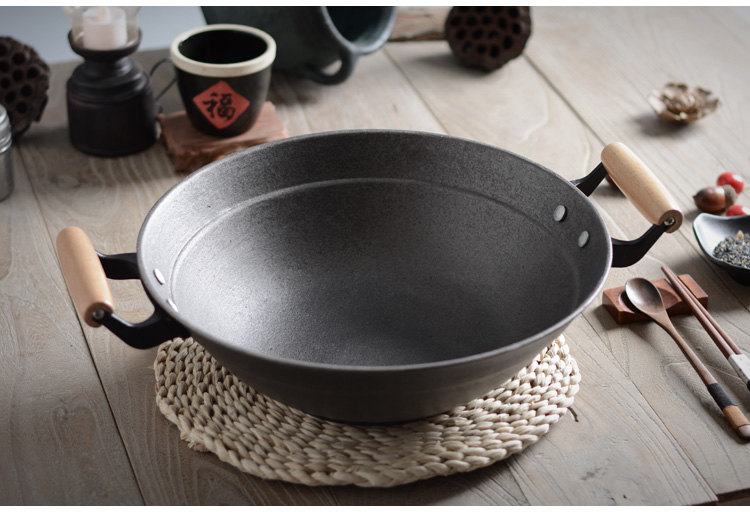 平底铁锅生铁山东滕州梁氏父子铁锅铸铁炒锅家用双耳生铁锅老式无涂层