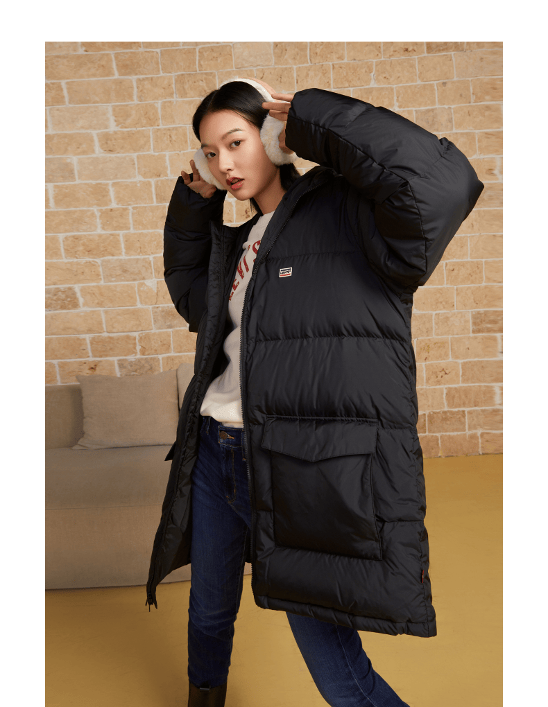 levis李维斯男士黑色中长款宽松日常休闲连帽羽绒服外套a09490000黑色