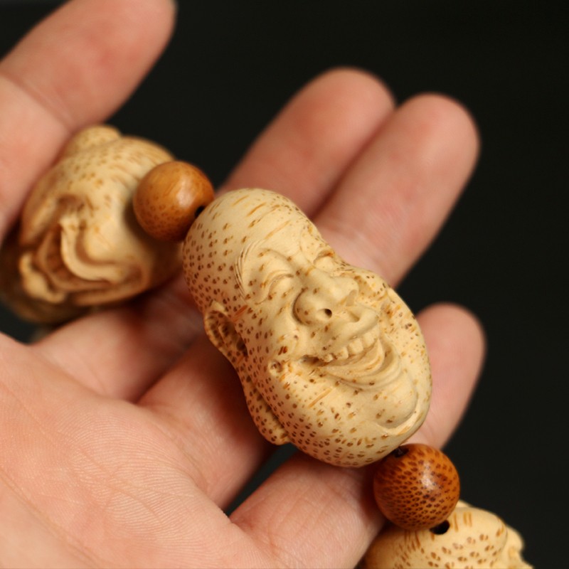 纯手工文玩竹根雕罗汉竹制手串 雕刻"喜怒哀乐愁"手把件手持男款 图片