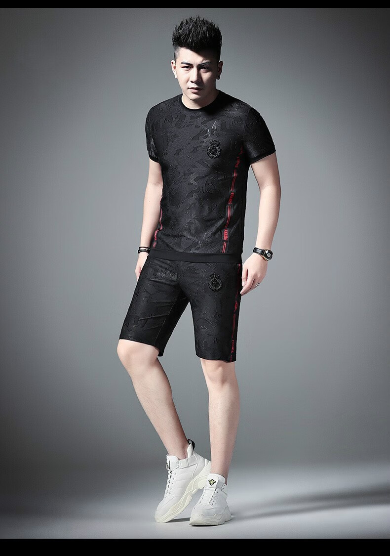 giocp香港潮牌男士夏季新款提花短袖体恤修身潮t恤青年圆领皇冠字母