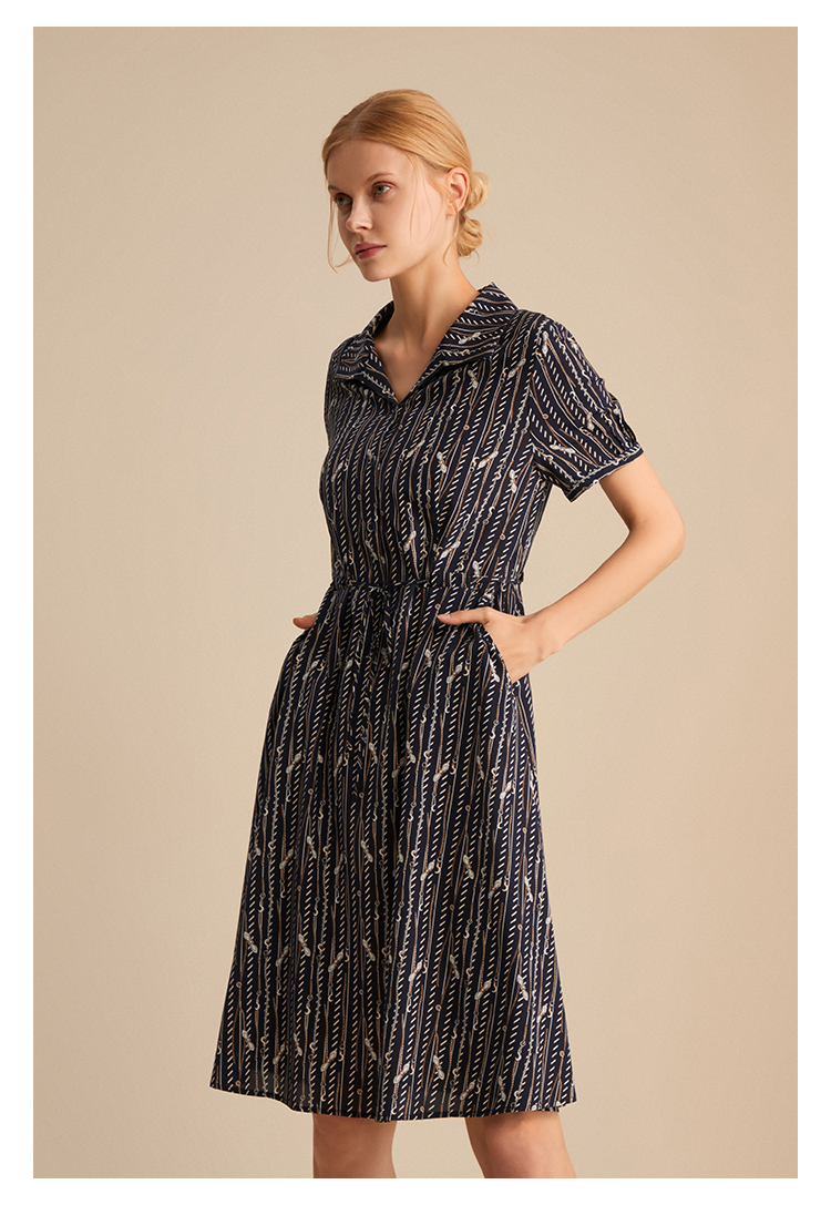 zb珍贝真丝连衣裙2021夏季新款桑蚕丝印花中裙系带通勤复古薄078藏青