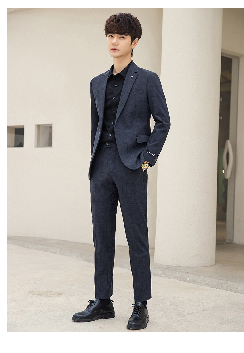 颜丁格子西装男套装商务正装韩版潮流修身帅气春季休闲小西服外套上衣