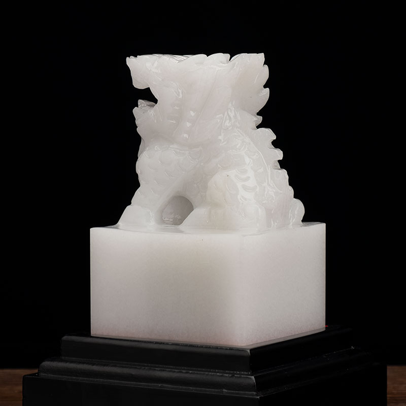 吉祥源 阿富汗白玉麒麟招财摆件玉玺官印客厅玄关中式吉祥礼品摆件