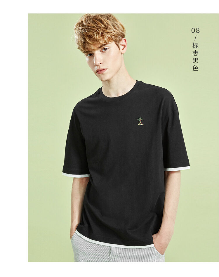 佐丹奴刺绣t恤男装新款小章上衣男生假两件短袖t恤衫34020205 43黄色