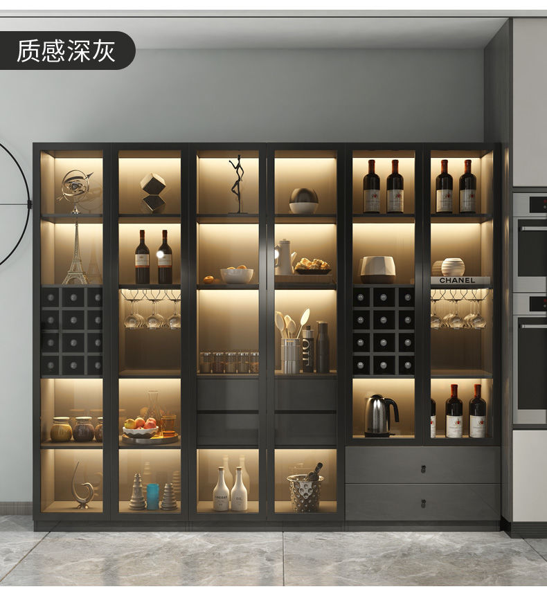 宾米尼带灯新款酒柜架客厅靠墙餐边柜家商用轻奢玻璃门展示柜深灰80