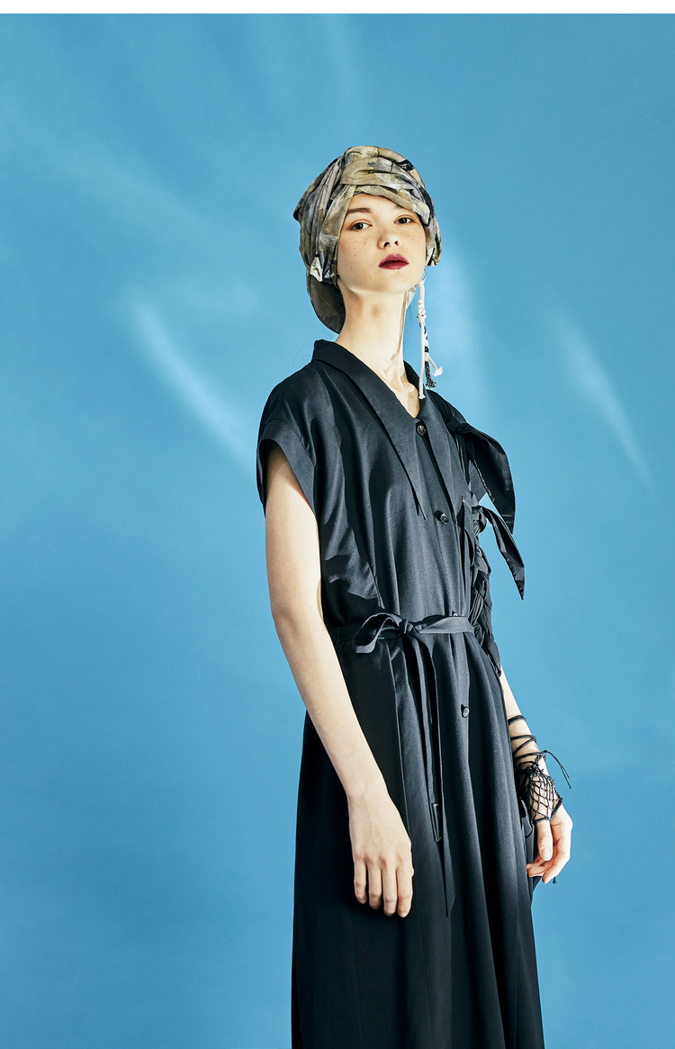 日着原创设计感女装2021夏新款宽松短袖衬衫领小众裙子女连衣裙孤岛黑