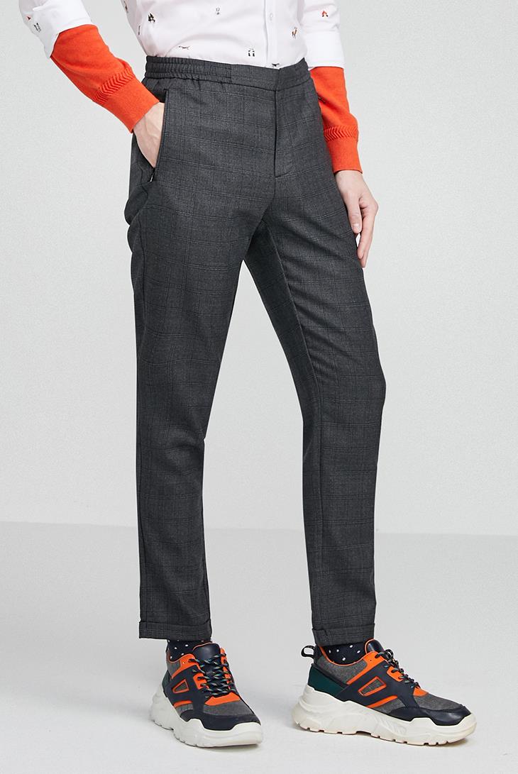 selected思莱德潮流格纹男士卷边商务休闲萝卜裤长裤s420114524蓝色