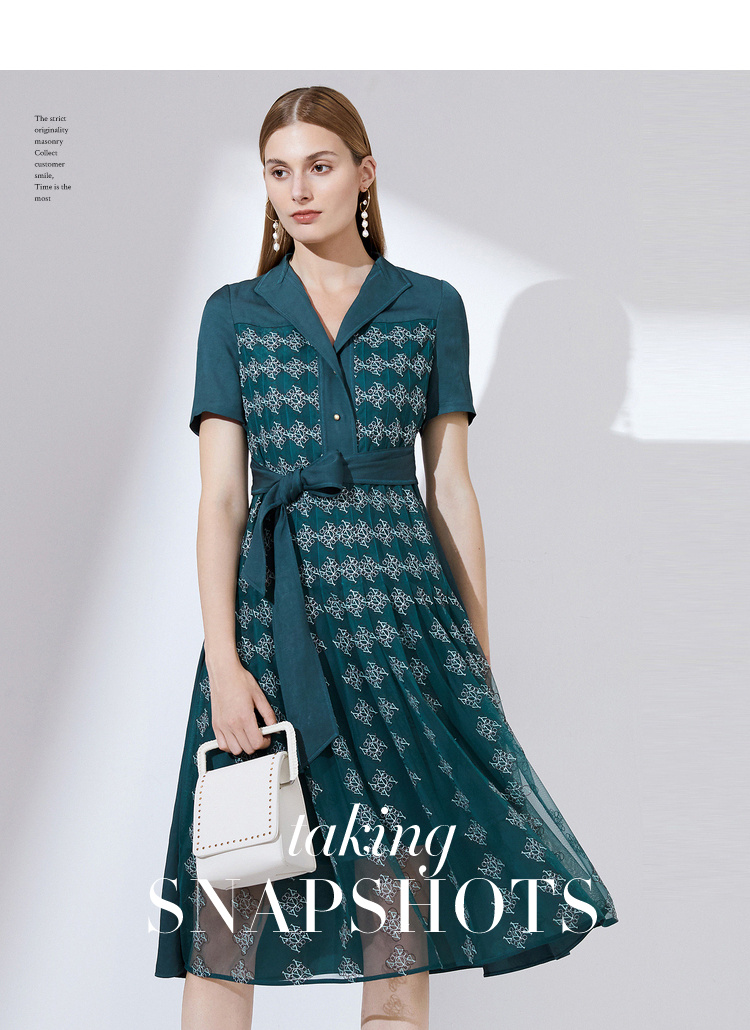 yiner音儿女装2020夏季新款时尚绣花网纱拼接系带v领连衣裙绿色16540l