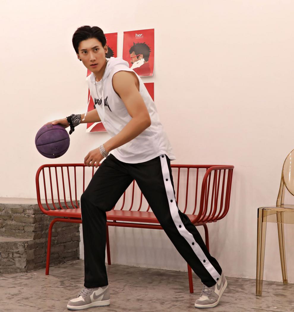 排扣裤男全开新款街头嘻哈四季休闲运动风篮球训练两侧阔腿束脚长裤