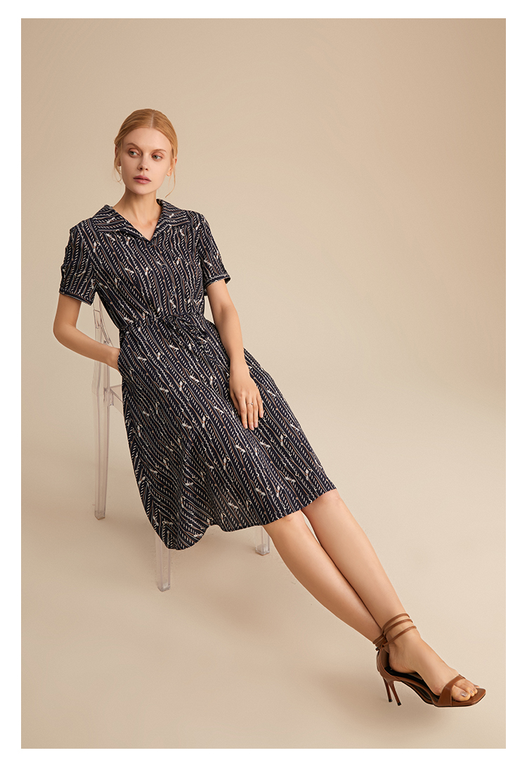 zb珍贝真丝连衣裙2021夏季新款桑蚕丝印花中裙系带通勤复古薄078藏青