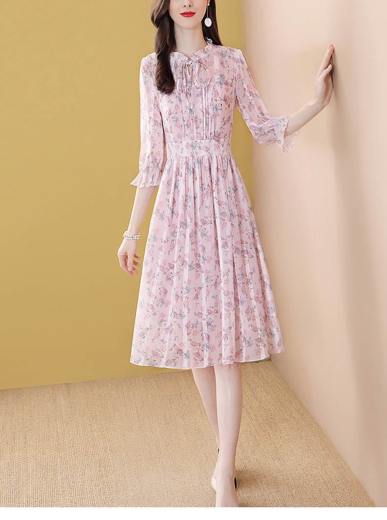 同款雪纺碎花连衣裙女21年春季新款气质淑女修身显瘦流行花色过膝长裙