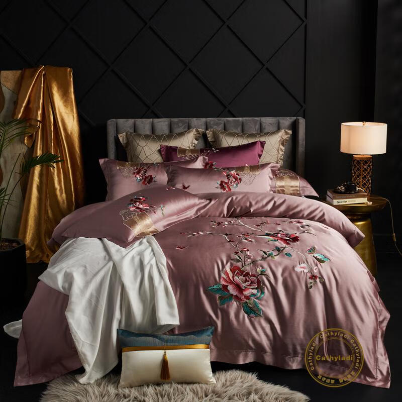 cathyladi新中式100支棉四件套牡丹花刺绣纯棉中国风绣花床上用品欧式