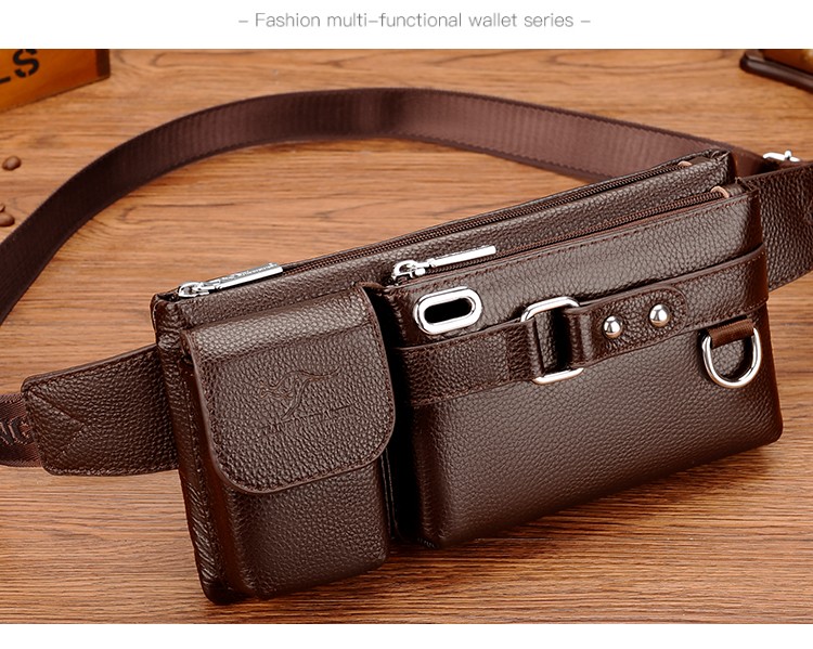 baodi袋鼠手机包男腰包皮多功能大容量跑步运动牛皮斜挎包男潮黑色