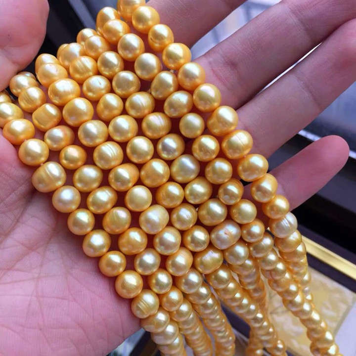 森洲天然珍珠散珠淡水金色有孔半成品金珠贝单圆珠diy项链手链冲头形
