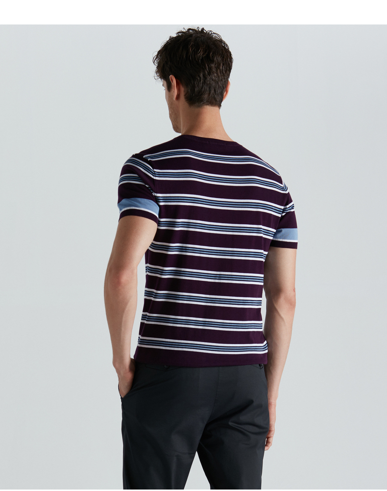 劲霸男装短袖天丝t恤2021夏季新款青年时尚条纹圆领上衣bttd2546 深兰