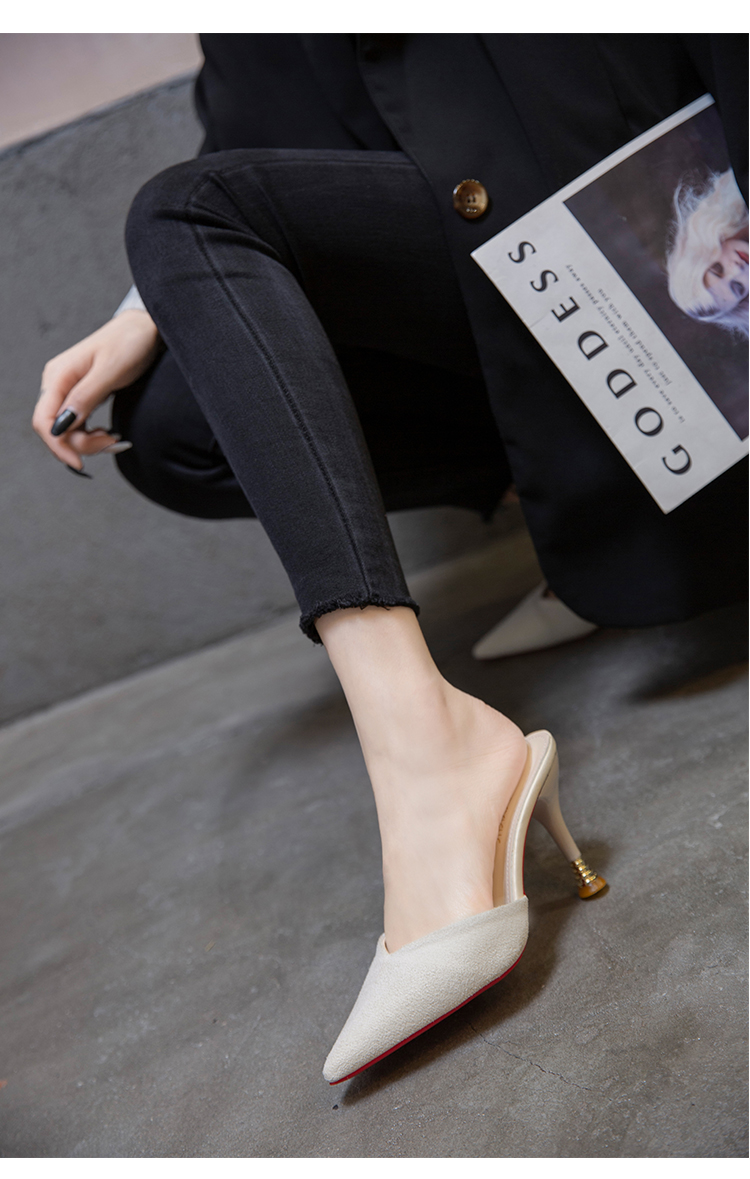 达芙妮女鞋2021春季新款高跟细跟尖头包头女拖鞋外穿女凉拖包头拖半拖