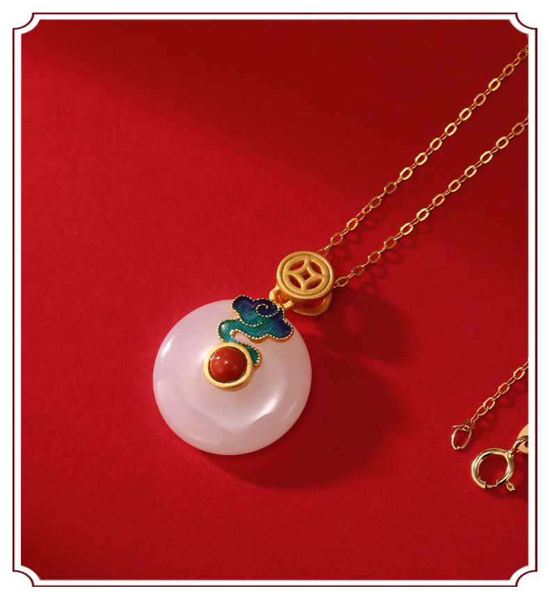 宫典联名款 国潮复古彩绘珐琅项链 女和田玉平安扣 锁骨链银 古法金色