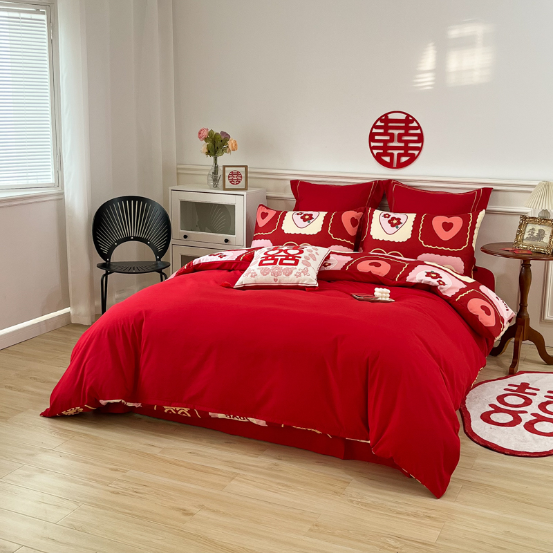 皮尔卡丹品牌家纺 大红洛卡棉四件套 大红色刺绣花纯棉全棉床上用品