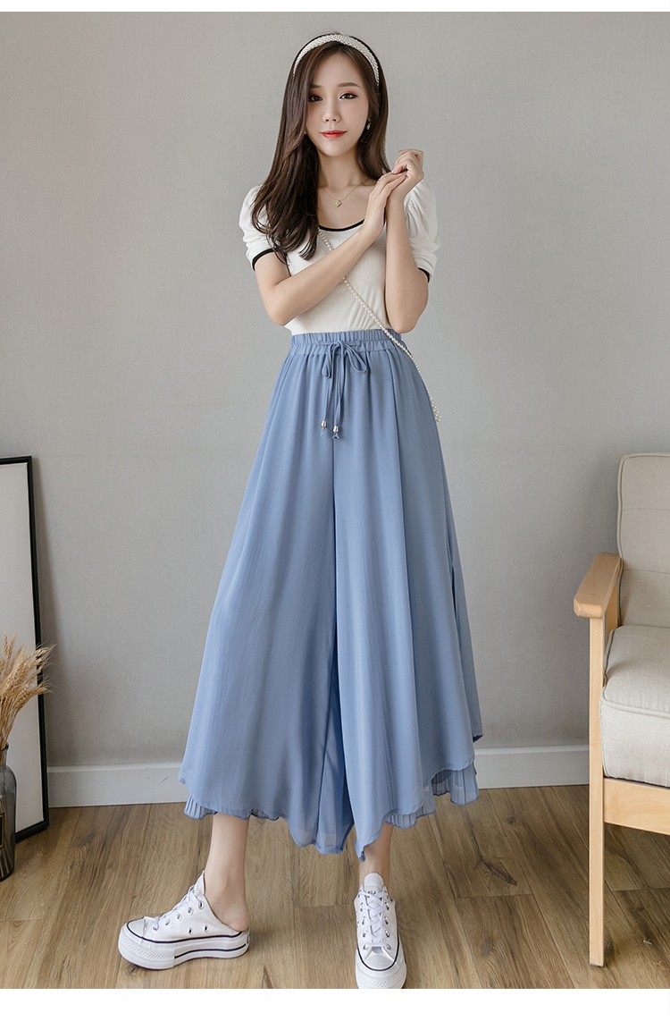 恒源祥彩羊雪纺裙裤女夏季2021新款高腰宽松显瘦薄款系带九分飘逸休闲