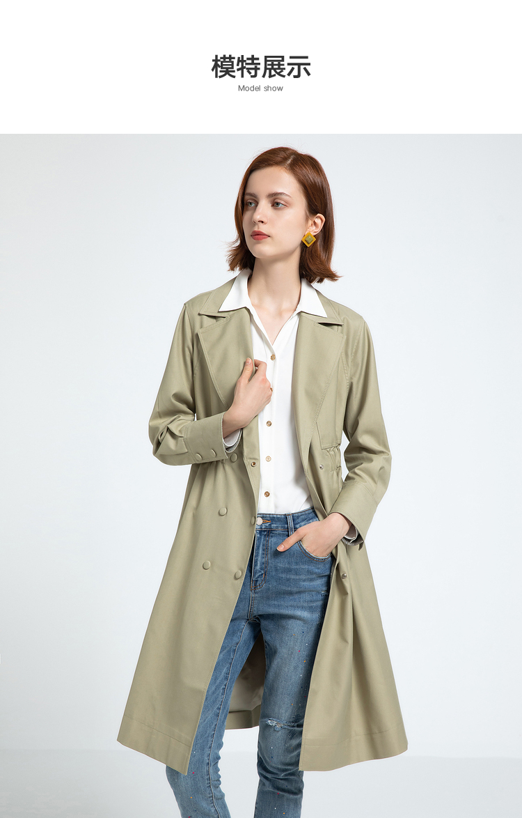 2021年春装新款气质风衣女中长款松紧收腰显瘦绿色大衣外套 豆绿色 l