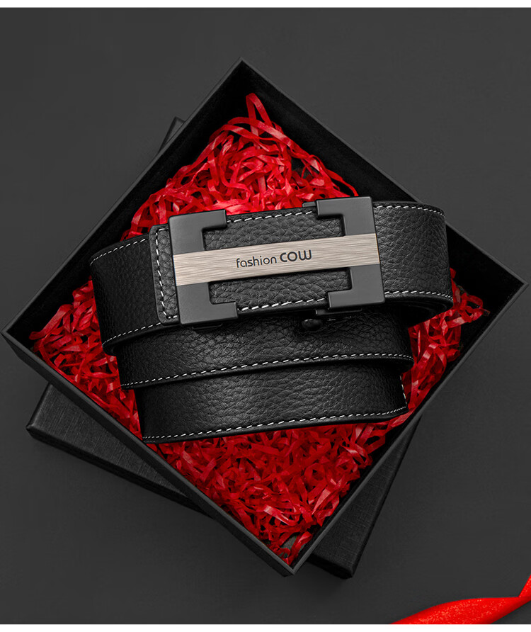 COW Men's Automatic Buckle Genuine Leather Casual Top-Grain Cowhide Belt, Gift Box for Boyfriend Or Father, 998 Black 12