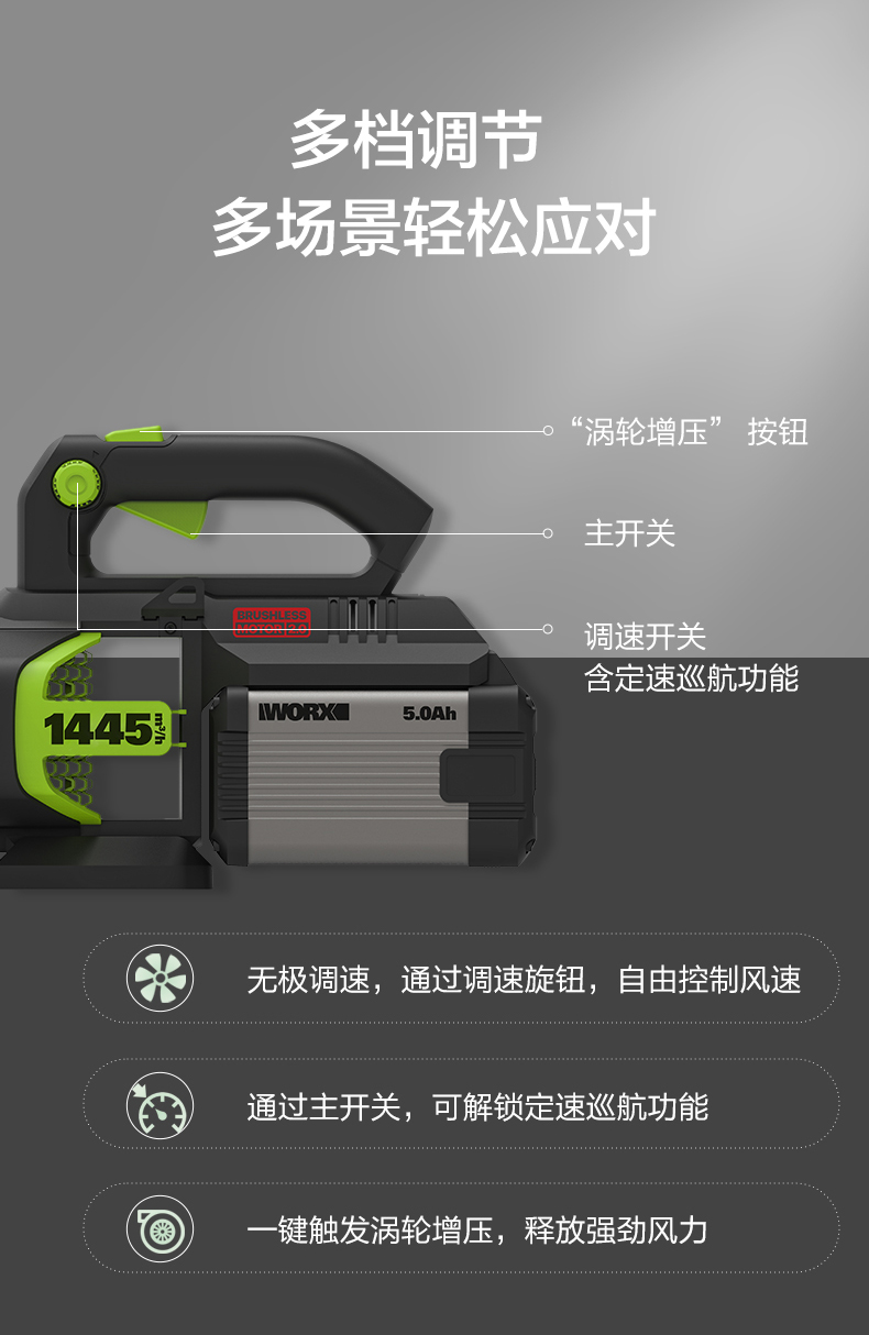 威克士worx60v高电压无刷锂电吹风机wd561e鼓风机大功率吹风机园林