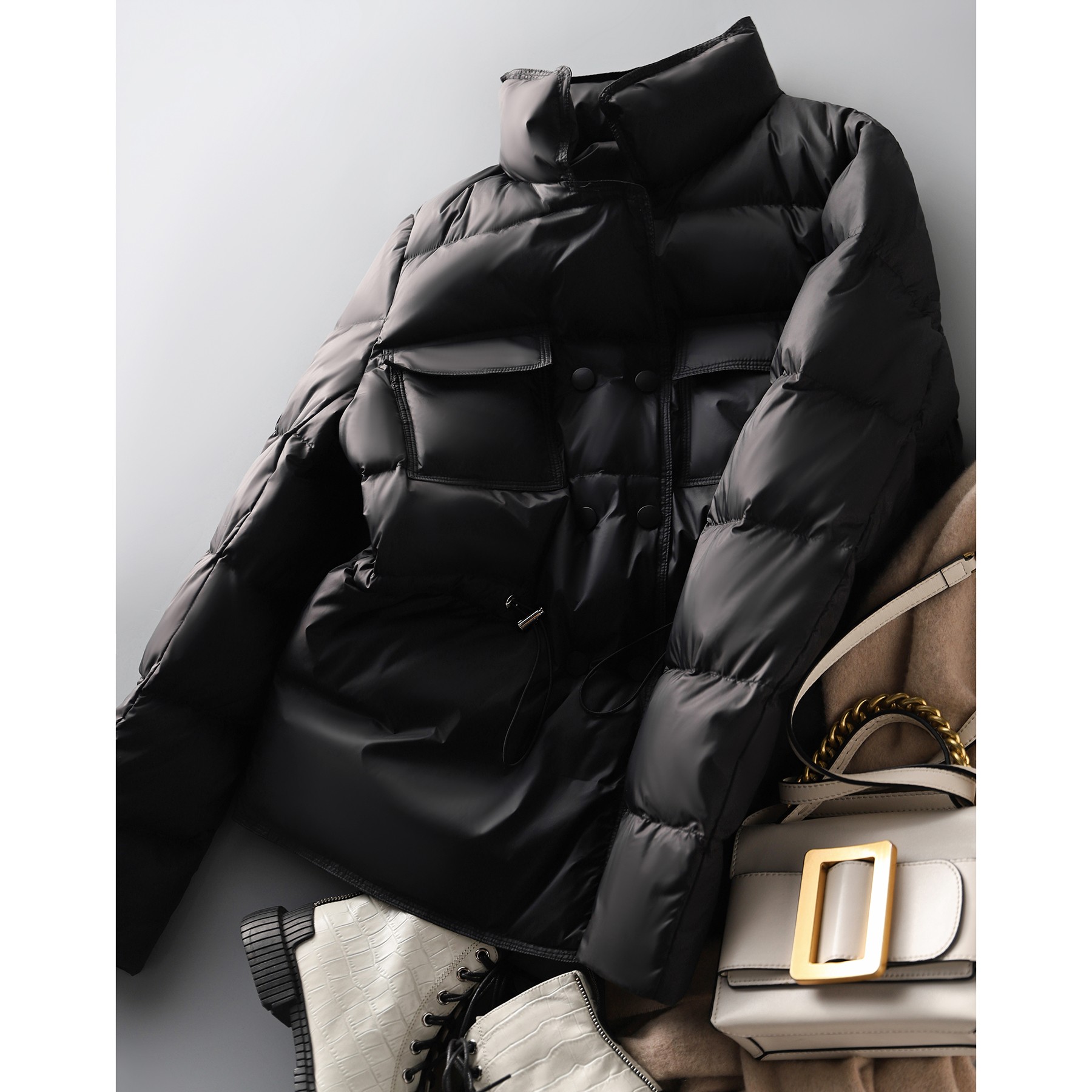 butao 香港潮牌工装风抽绳显腰身羽绒服女2020冬季新款百搭洋气时尚