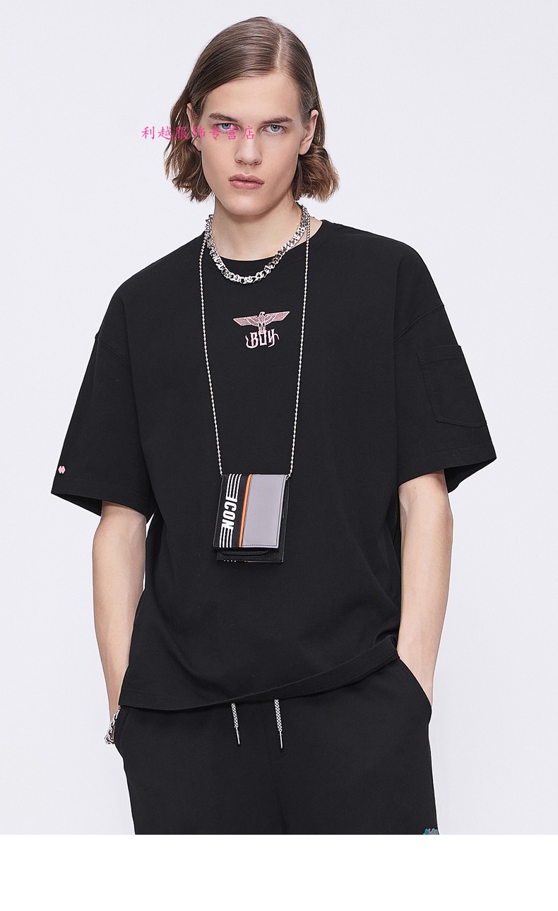 centuryboy男装短袖t恤男女21夏黑底胶印粉金老鹰印花情侣潮流t恤boy