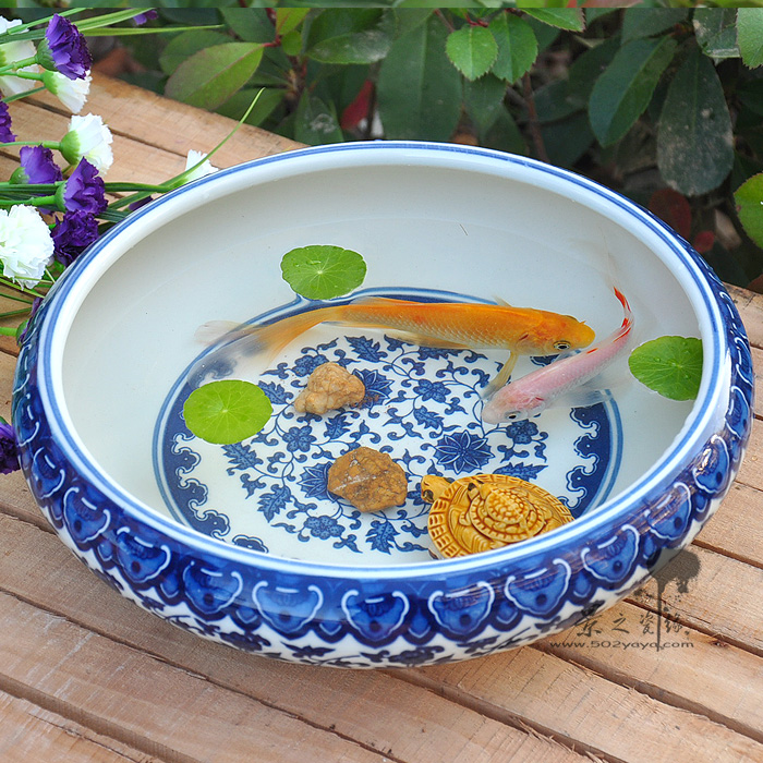 景德镇陶瓷鱼缸水浅金养鱼缸龟水族箱睡莲铜钱草盆笔洗新中式小 肚径