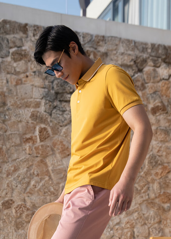 polo衫男 男士2021春夏青年polo衫 短袖纯色polo衫男 商务休闲 黄色