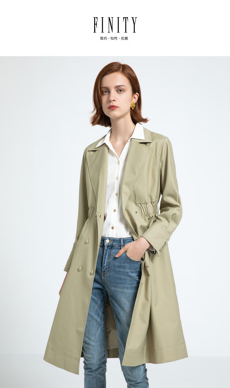 2021年春装新款气质风衣女中长款松紧收腰显瘦绿色大衣外套 豆绿色 l