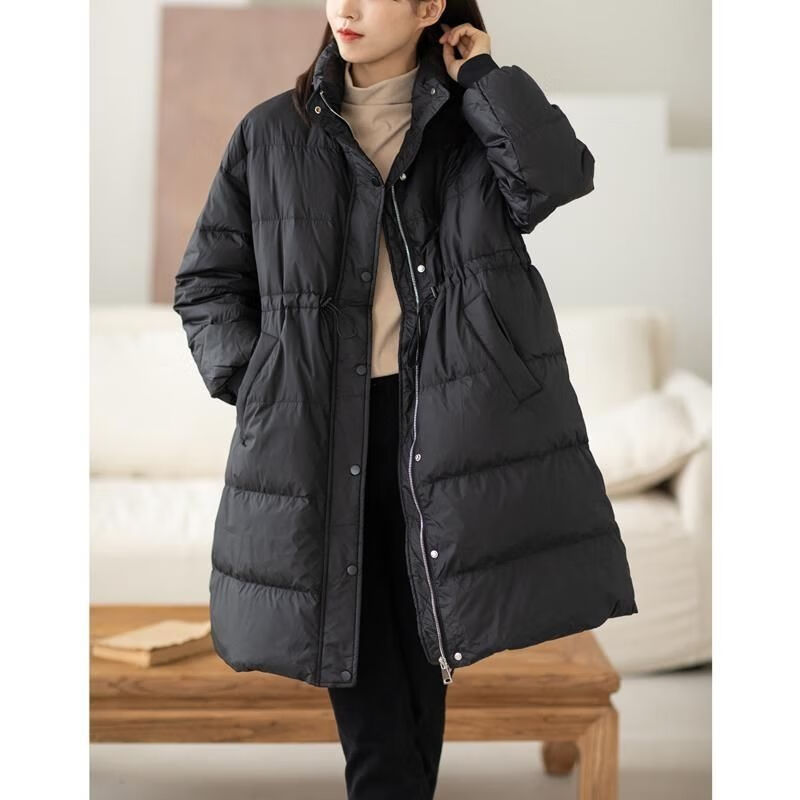 拉夏贝尔uu2022新款羽绒服女中长款立领收腰韩版加厚白鸭绒外套 黑色
