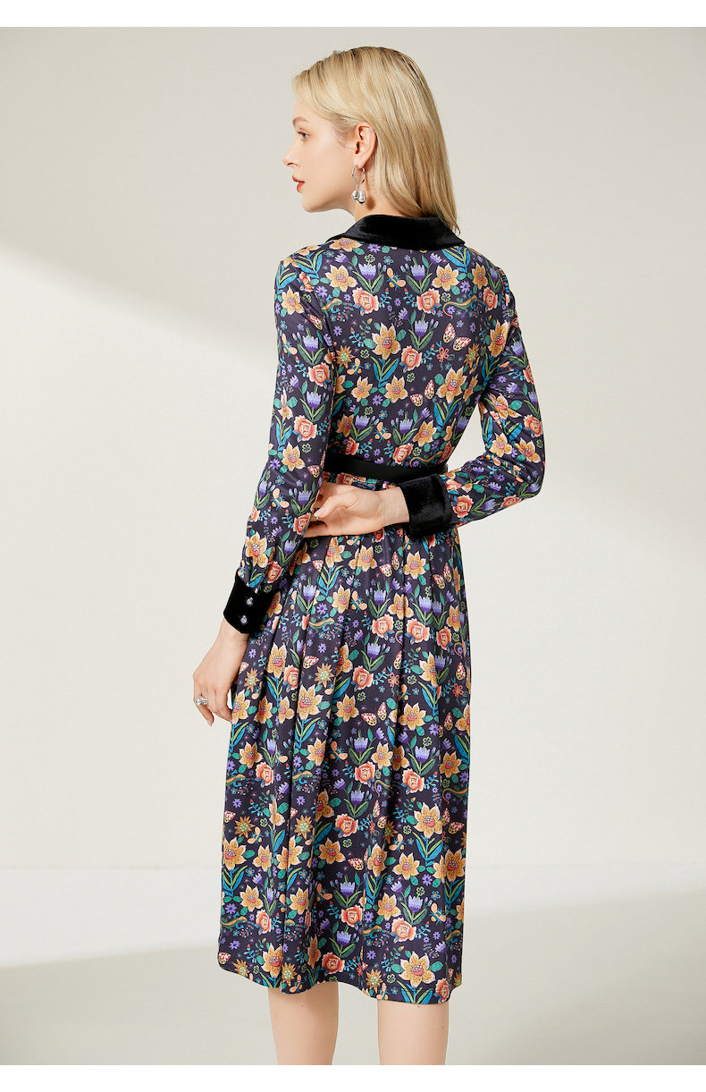 沐兰优雅印花连衣裙2021冬季新款丝绒翻领气质小a摆修身中长款灰黄花