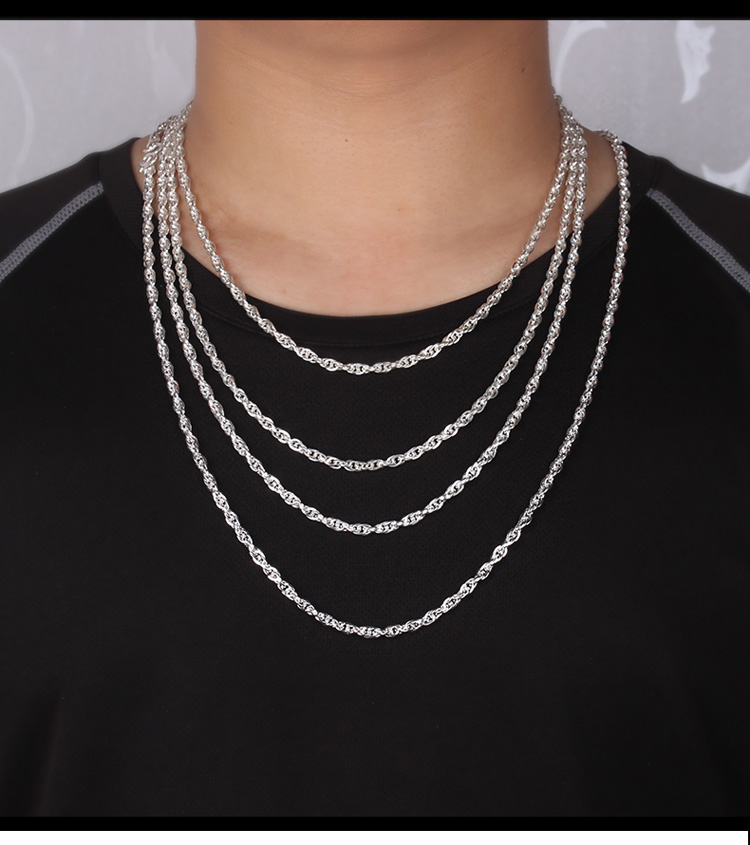足银999四方水波纹项链纯银男女同款气质百搭长款毛衣链女足银男士