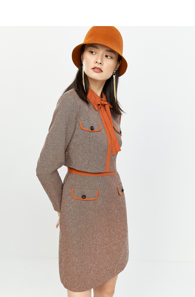 yiner音儿女装2020秋季新款系带领结粗花呢连衣裙 浅咖 42