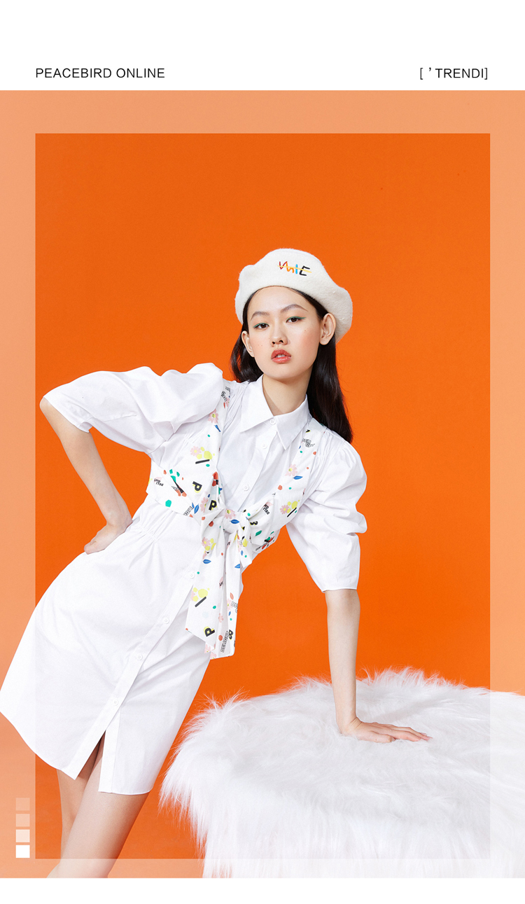 太平鸟法式泡泡袖翻领衬衫裙两件式连衣裙女2021夏新款蝴蝶结背心