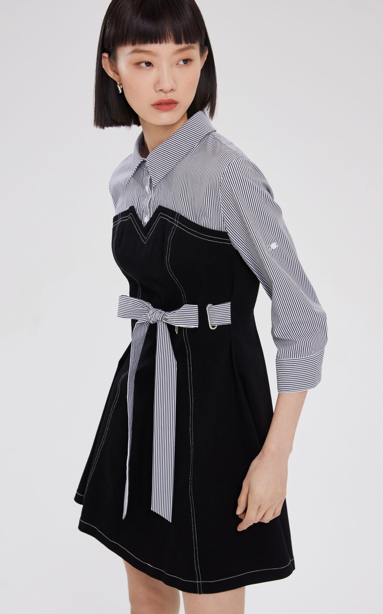 veromoda2022早春女装新闪光系列条纹抹胸式衬衫连衣裙女322142014