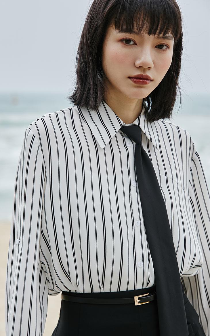 vero moda2021春夏新款jk风领带装饰七分袖条纹衬衫女321131037 本白