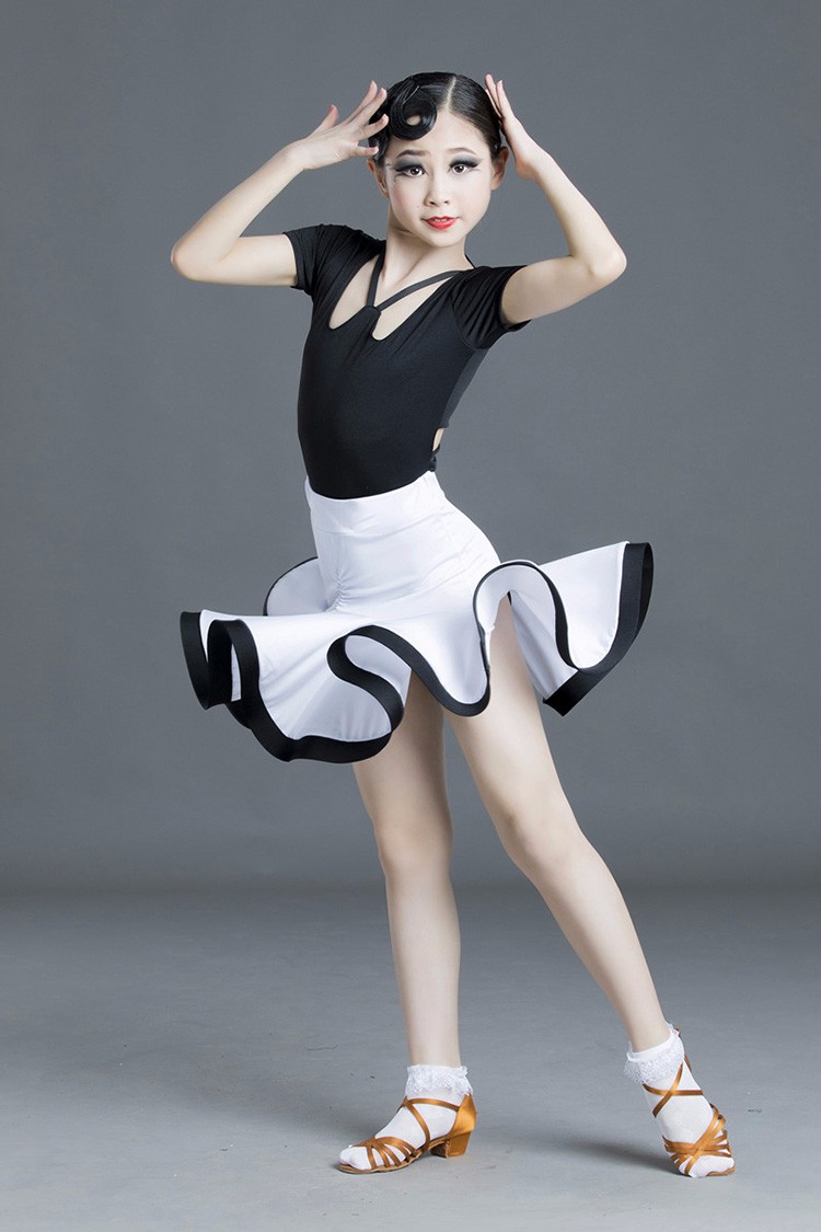 拉丁舞练功服女儿童演出比赛裙分体短袖训练服舞蹈表演服装夏 白色