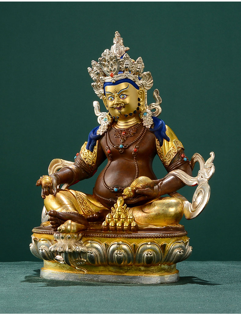 藏村黄财神佛像摆件西藏藏传佛教密宗铜鎏金鎏银五路财神10寸10寸高约