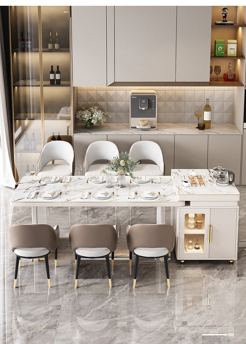 悬浮感岛台岩板餐桌岛台一体轻奢伸缩中岛台可伸缩料理台多功能悬浮空