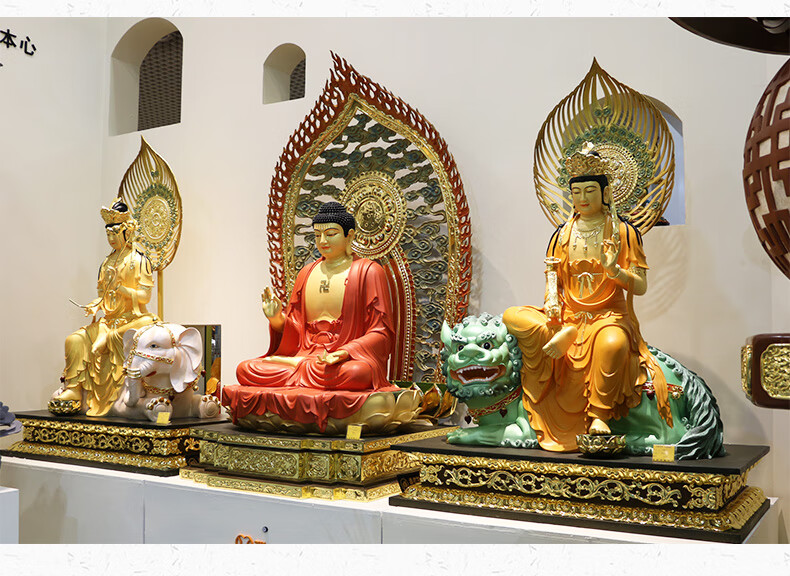 三漫陀黄铜华严三圣佛像摆件释迦牟尼佛莲花坐像文殊普贤菩萨神像
