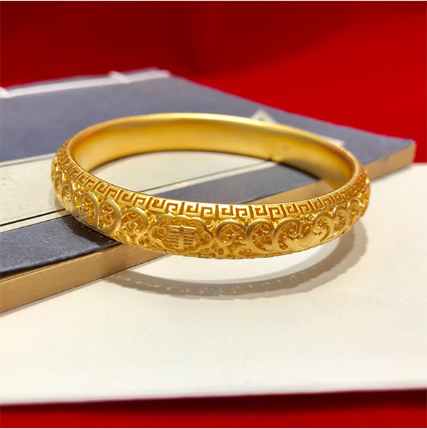 抖音同款 万事如意传承古法金手镯莲花黄金镯子妈妈款999足金磨砂宽面
