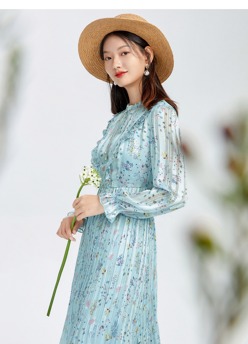 玖姿2021春季新款浅蓝色轻薄碎花中长女雪纺连衣裙 花浅蓝 l