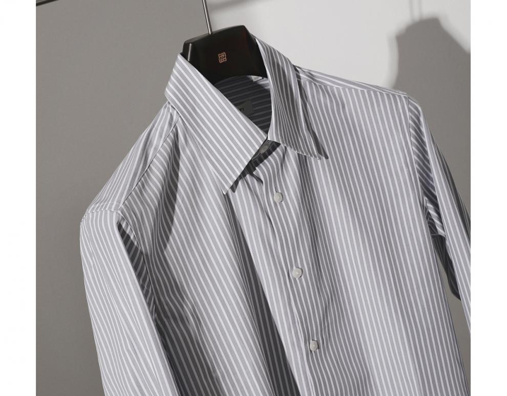 fullmonty2022春夏新品灰白条纹暗扣领长袖衬衫男士商务休闲修身感