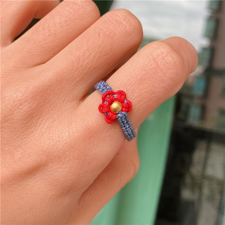 送你一朵小红花黄金戒指女转运珠抖音同款999足金手工编织diy指环 小