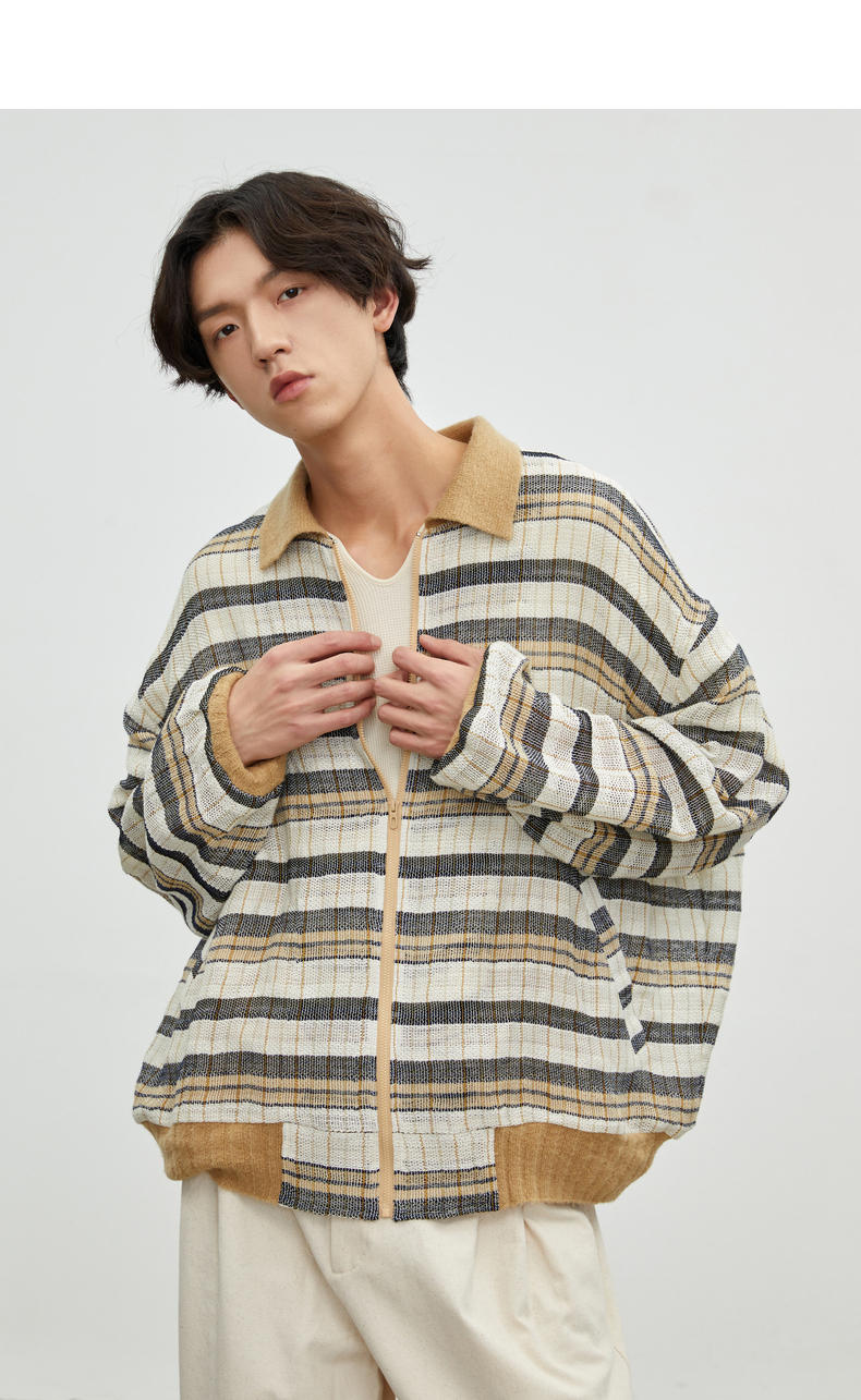 bosie石津川新款夹克男情侣复古条纹时尚女休闲宽松外套潮9004m 米